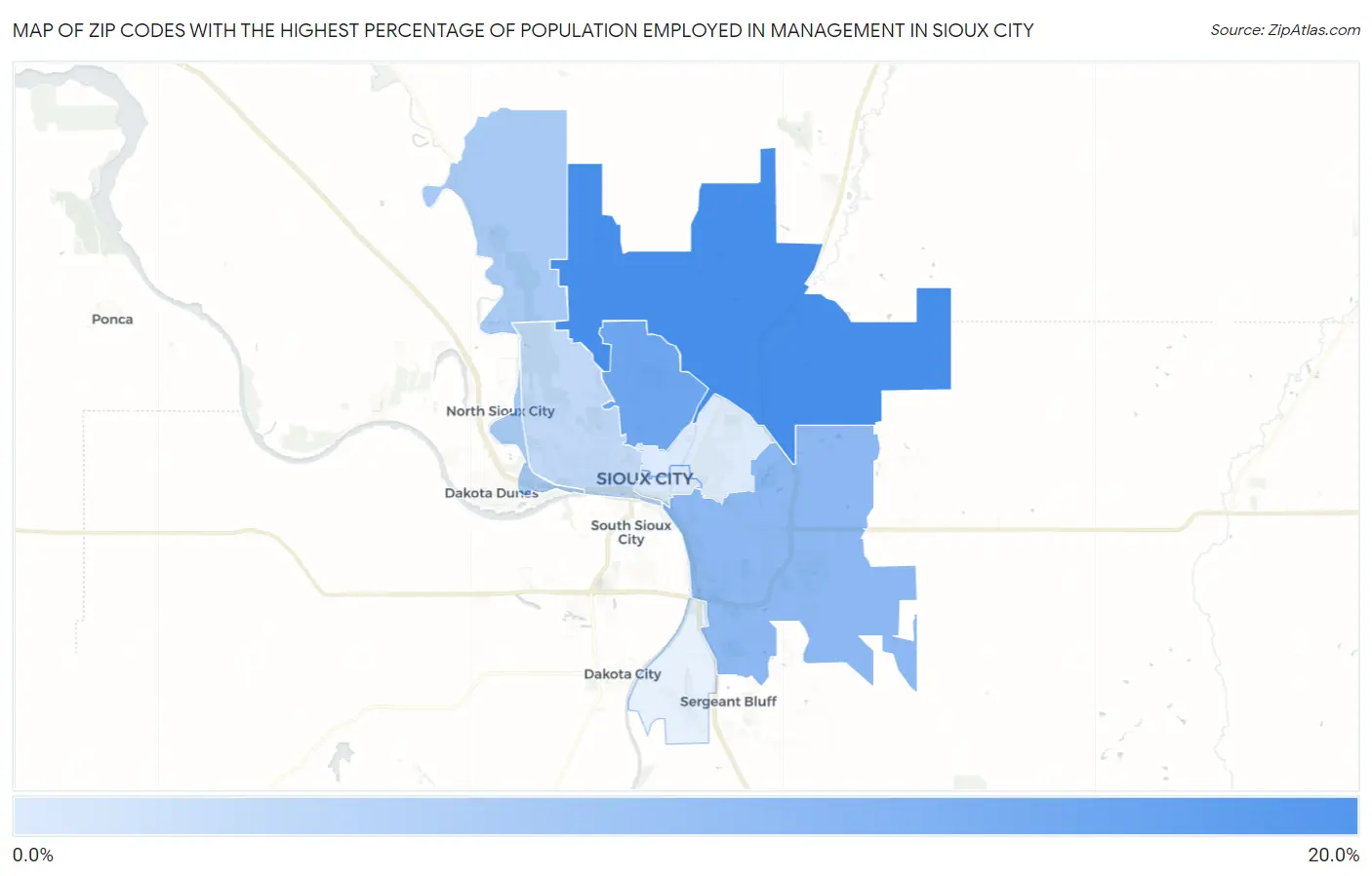 Zip Codes with the Highest Percentage of Population Employed in Management in Sioux City Map