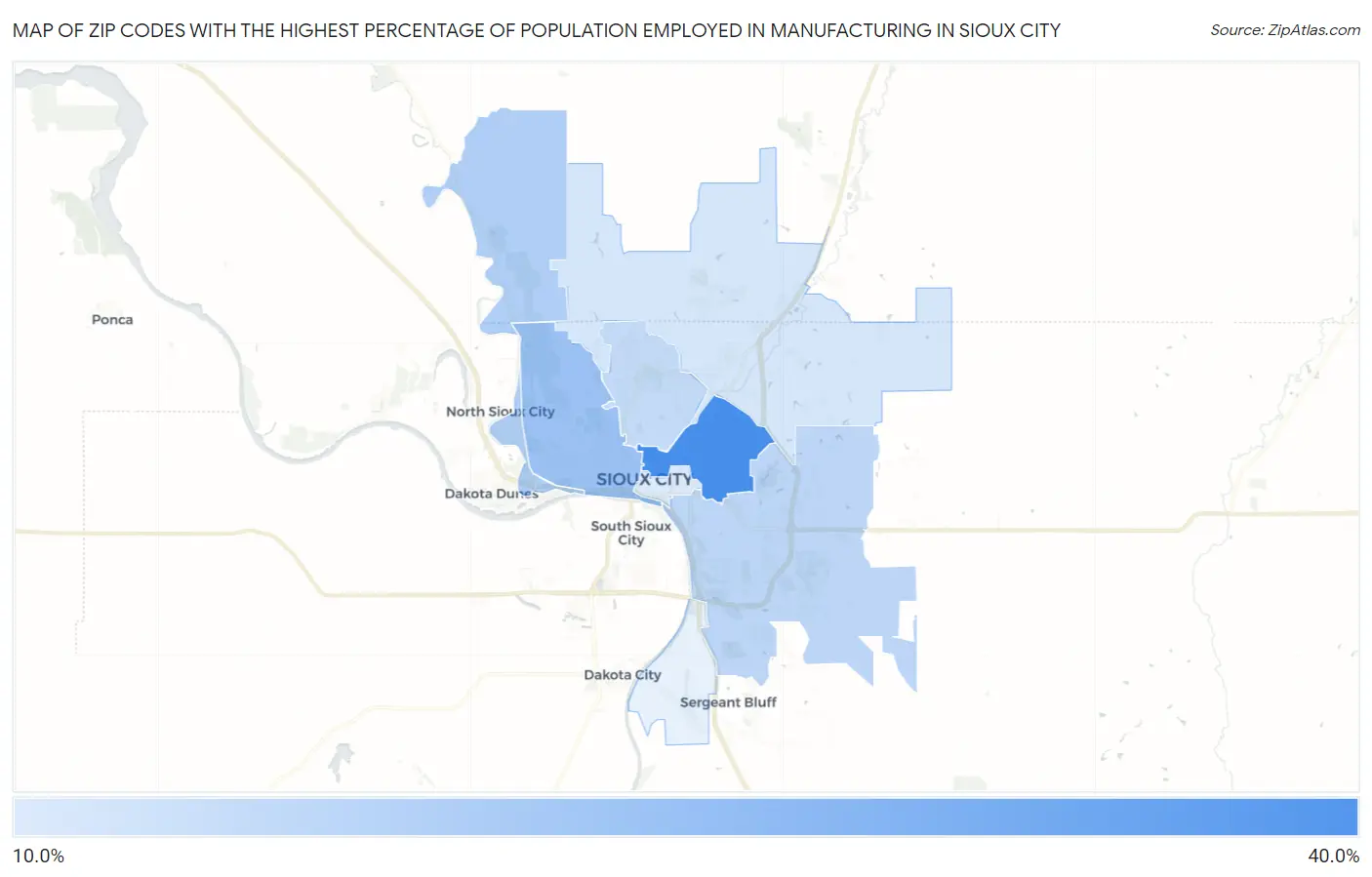 Zip Codes with the Highest Percentage of Population Employed in Manufacturing in Sioux City Map