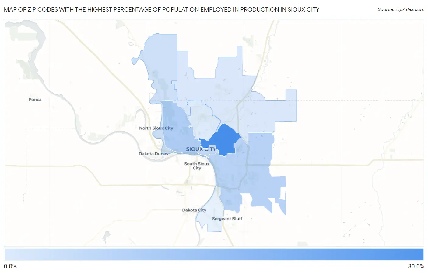 Zip Codes with the Highest Percentage of Population Employed in Production in Sioux City Map