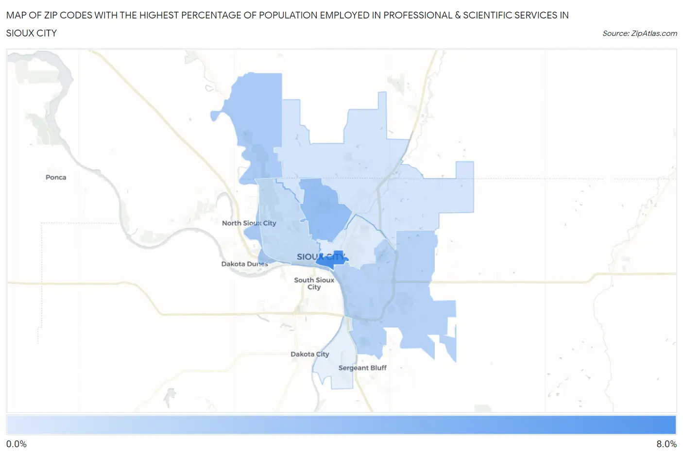 Zip Codes with the Highest Percentage of Population Employed in Professional & Scientific Services in Sioux City Map
