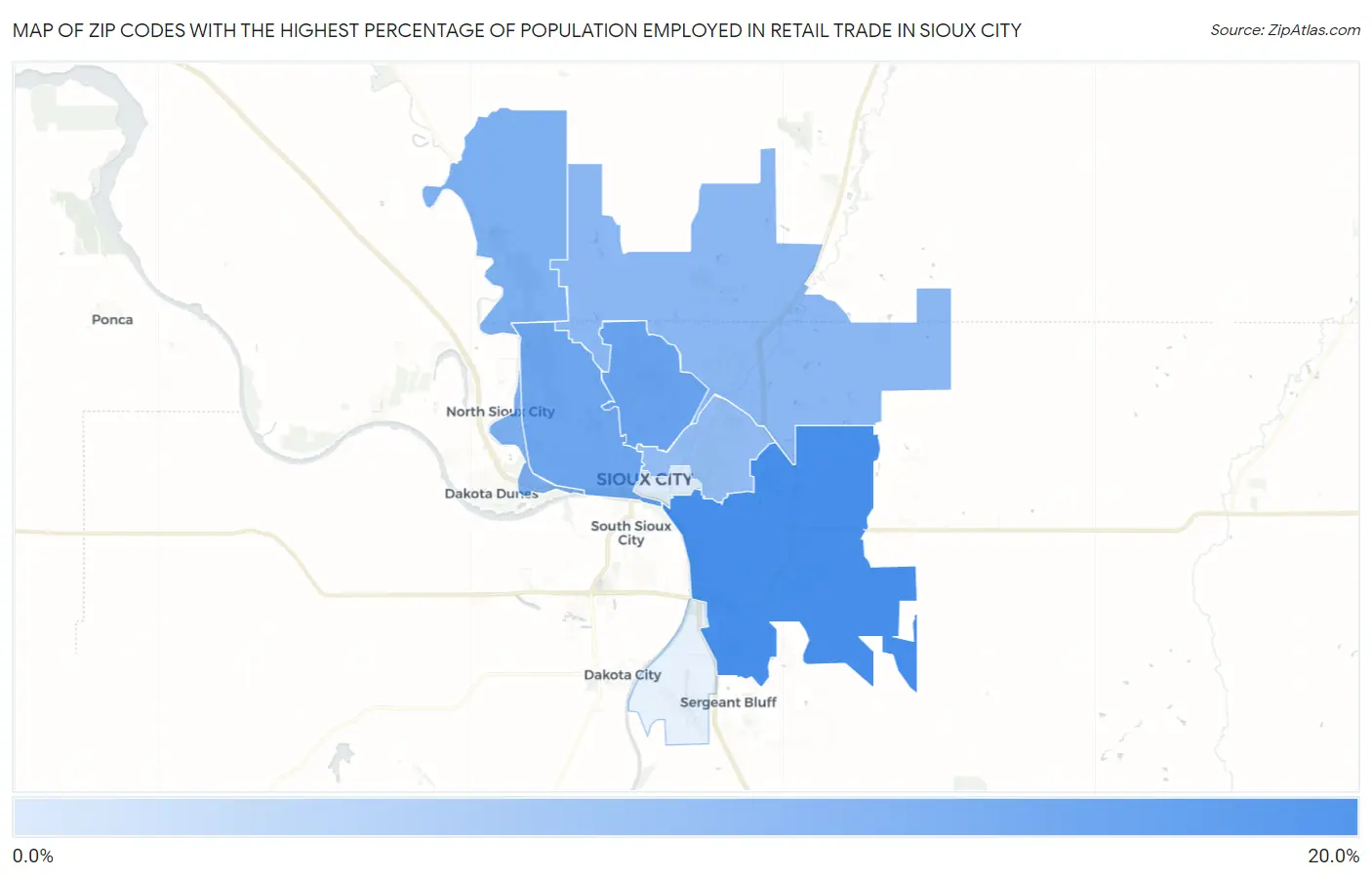 Zip Codes with the Highest Percentage of Population Employed in Retail Trade in Sioux City Map