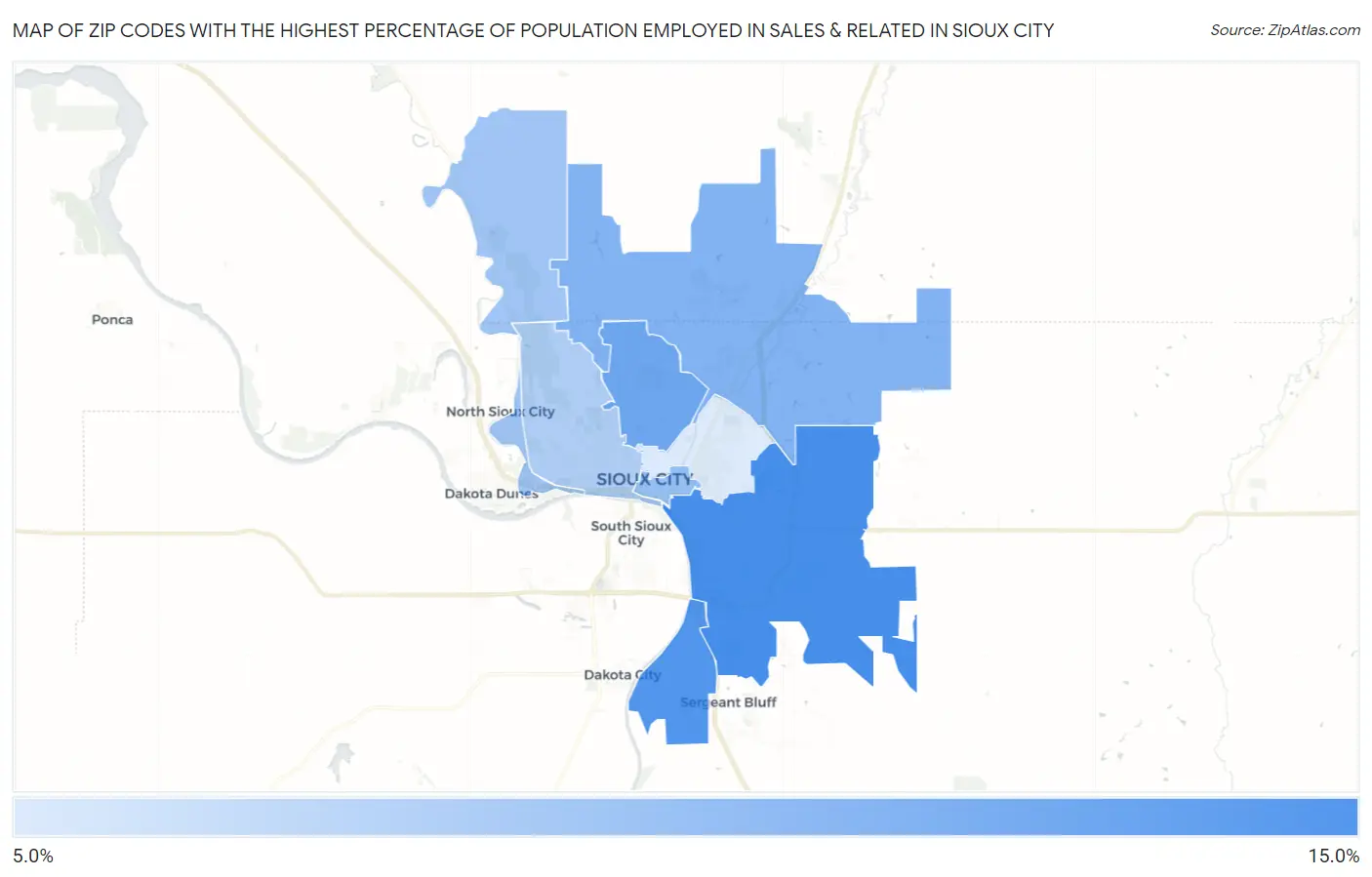 Zip Codes with the Highest Percentage of Population Employed in Sales & Related in Sioux City Map