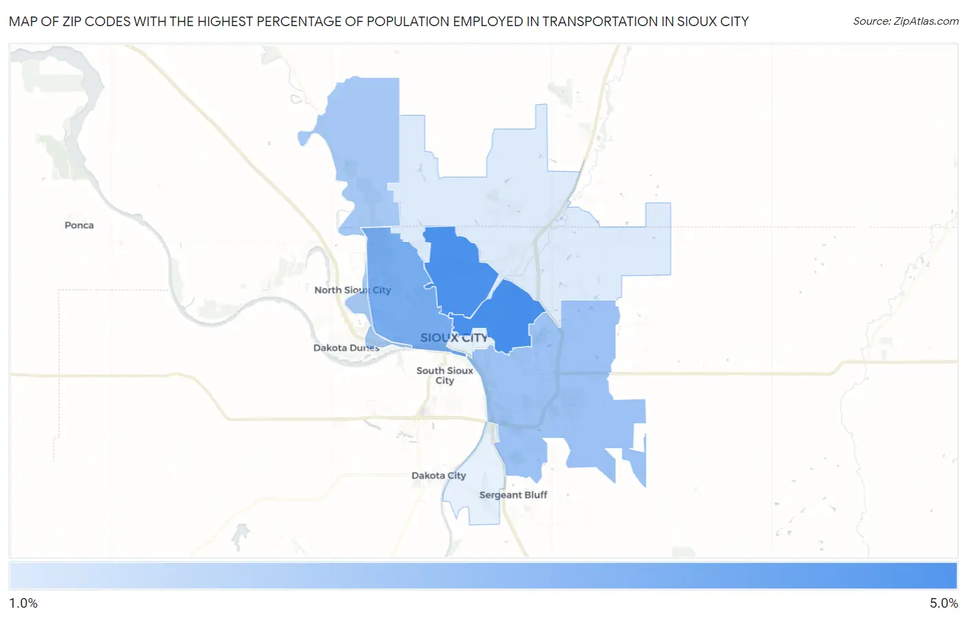 Zip Codes with the Highest Percentage of Population Employed in Transportation in Sioux City Map
