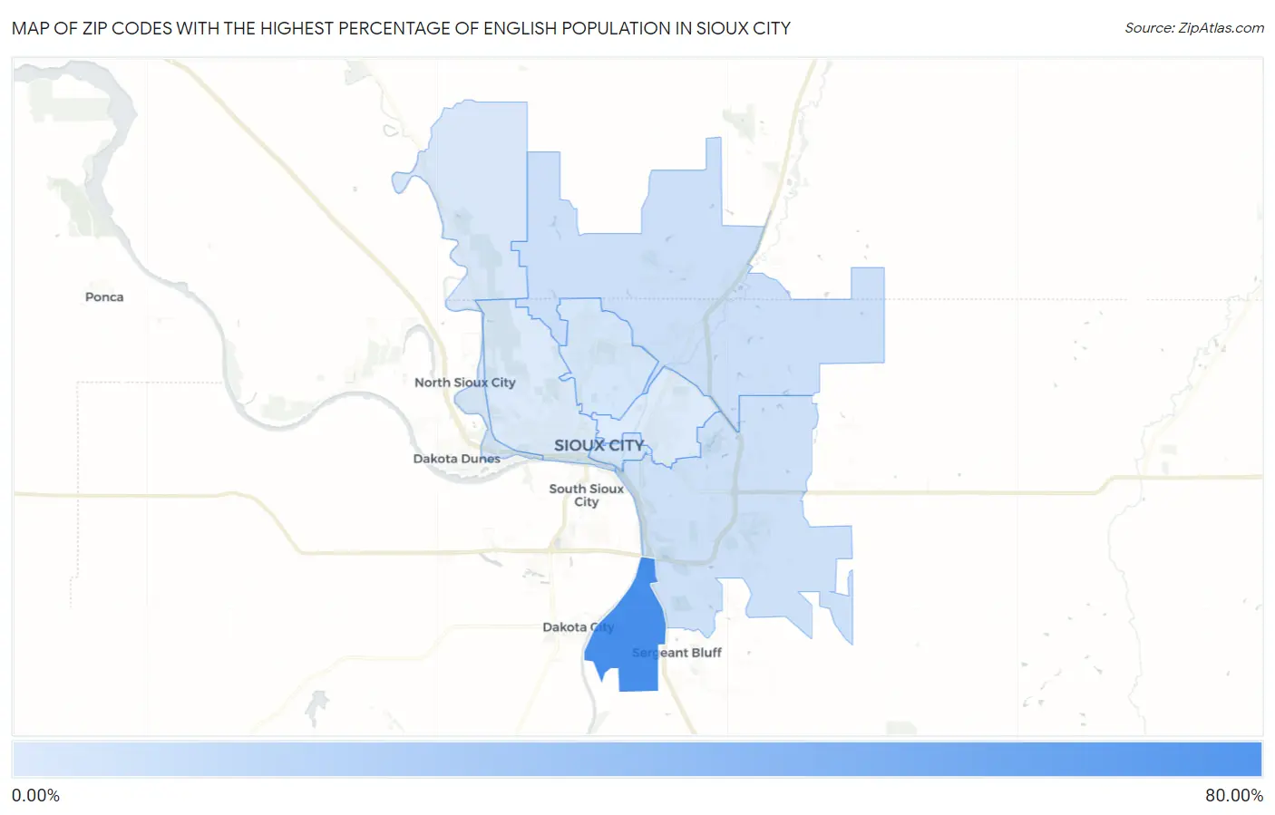 Zip Codes with the Highest Percentage of English Population in Sioux City Map