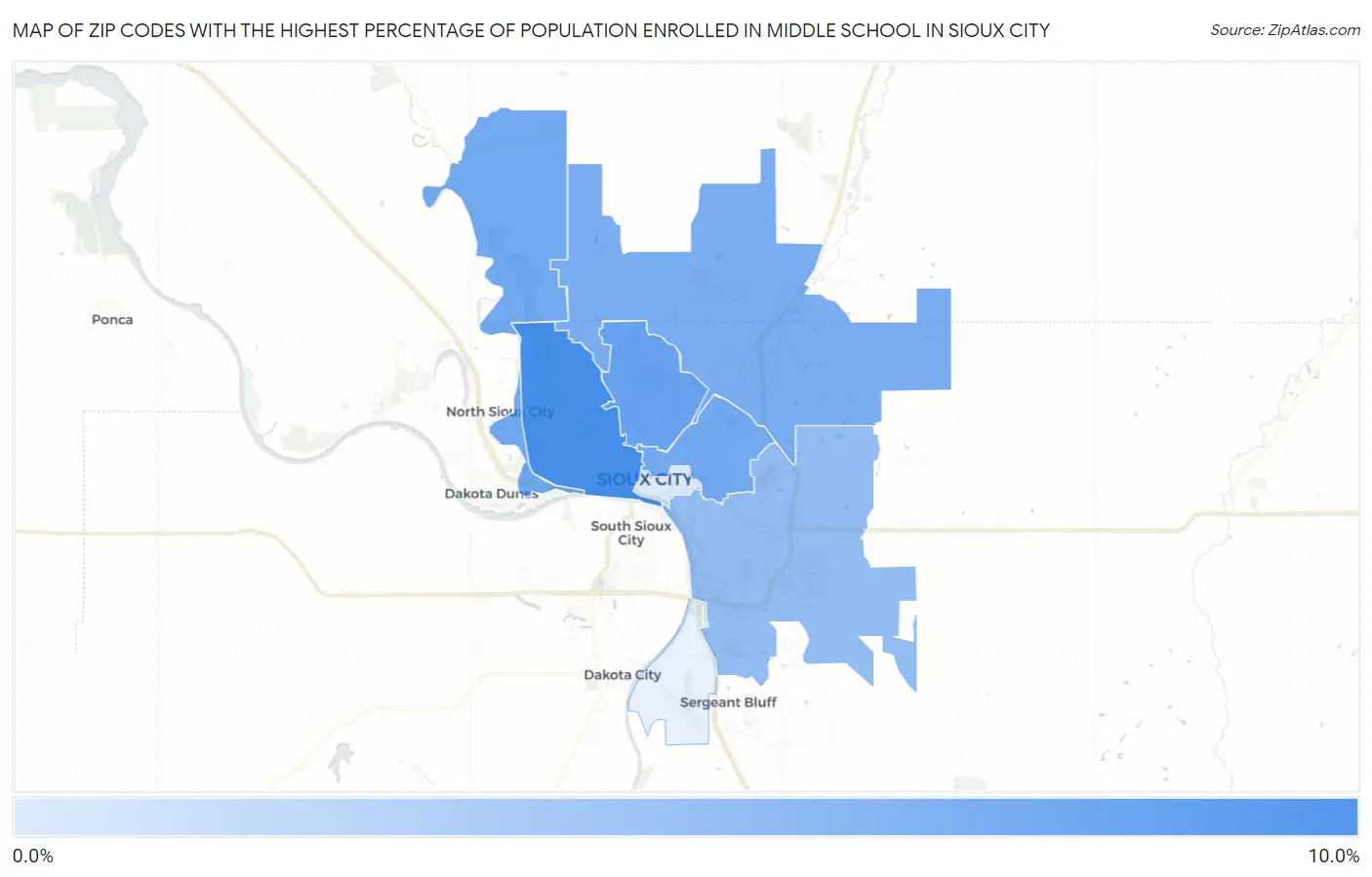 Zip Codes with the Highest Percentage of Population Enrolled in Middle School in Sioux City Map