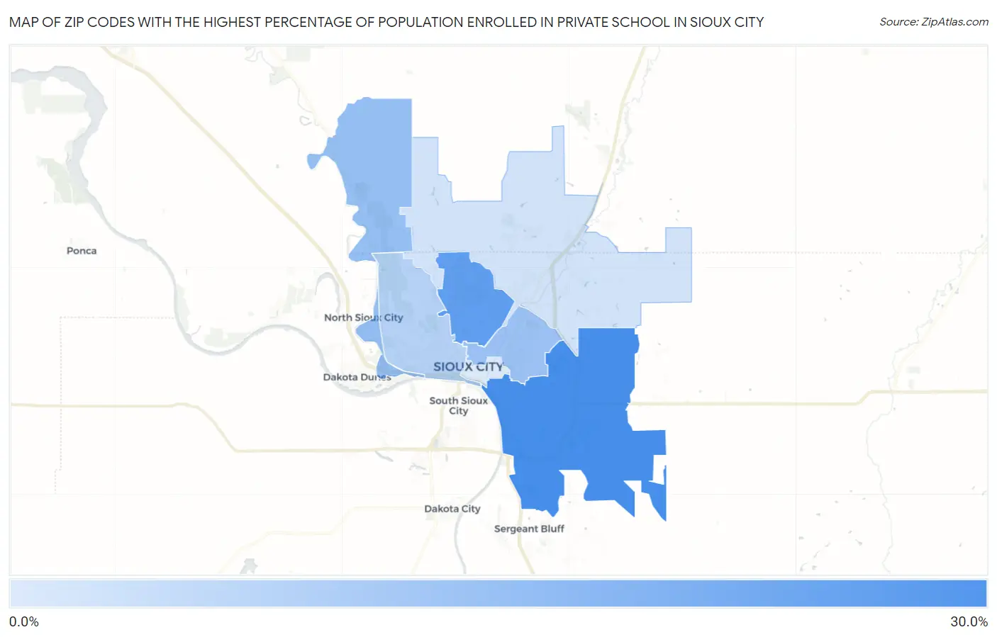 Zip Codes with the Highest Percentage of Population Enrolled in Private School in Sioux City Map
