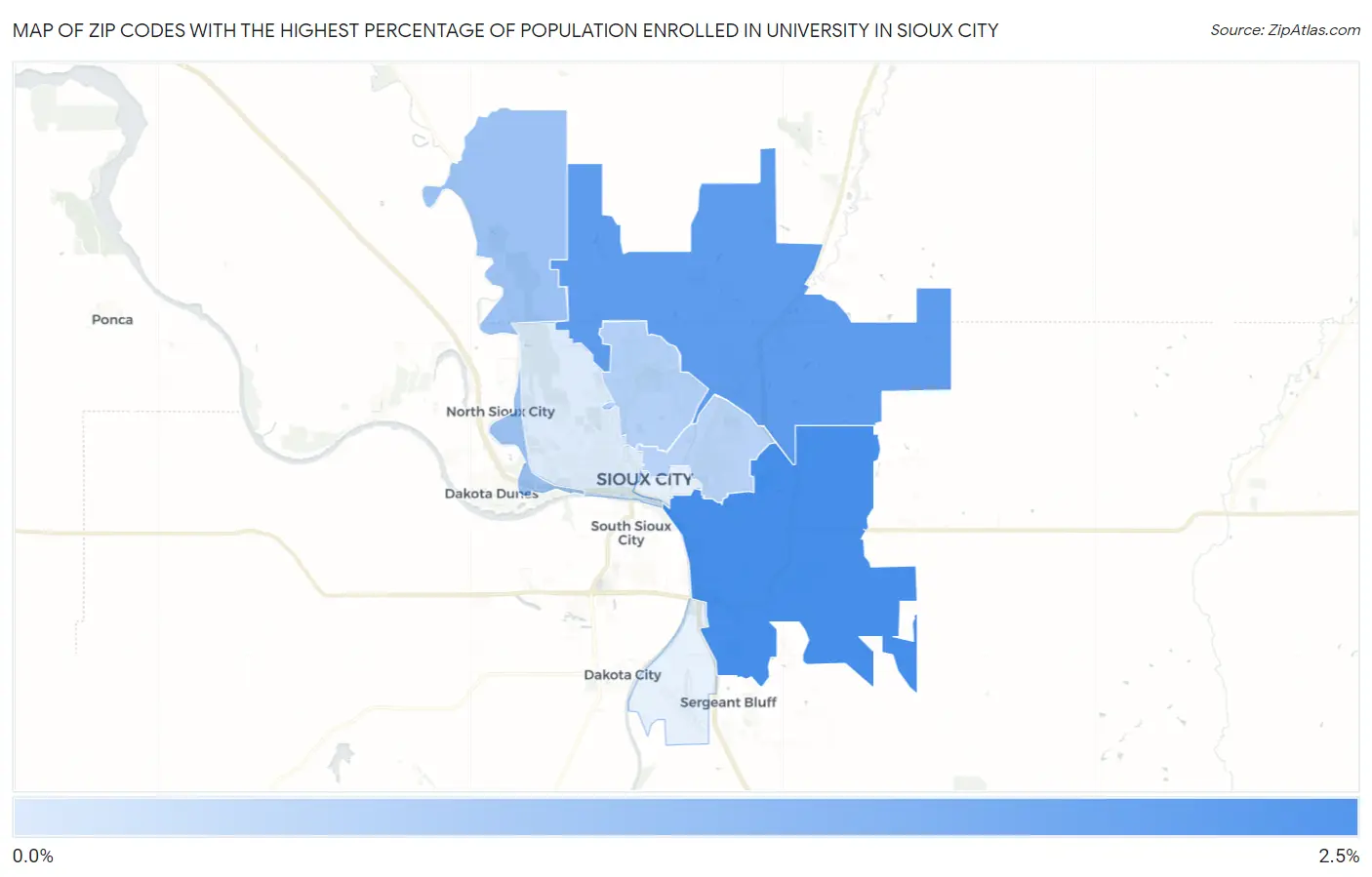 Zip Codes with the Highest Percentage of Population Enrolled in University in Sioux City Map