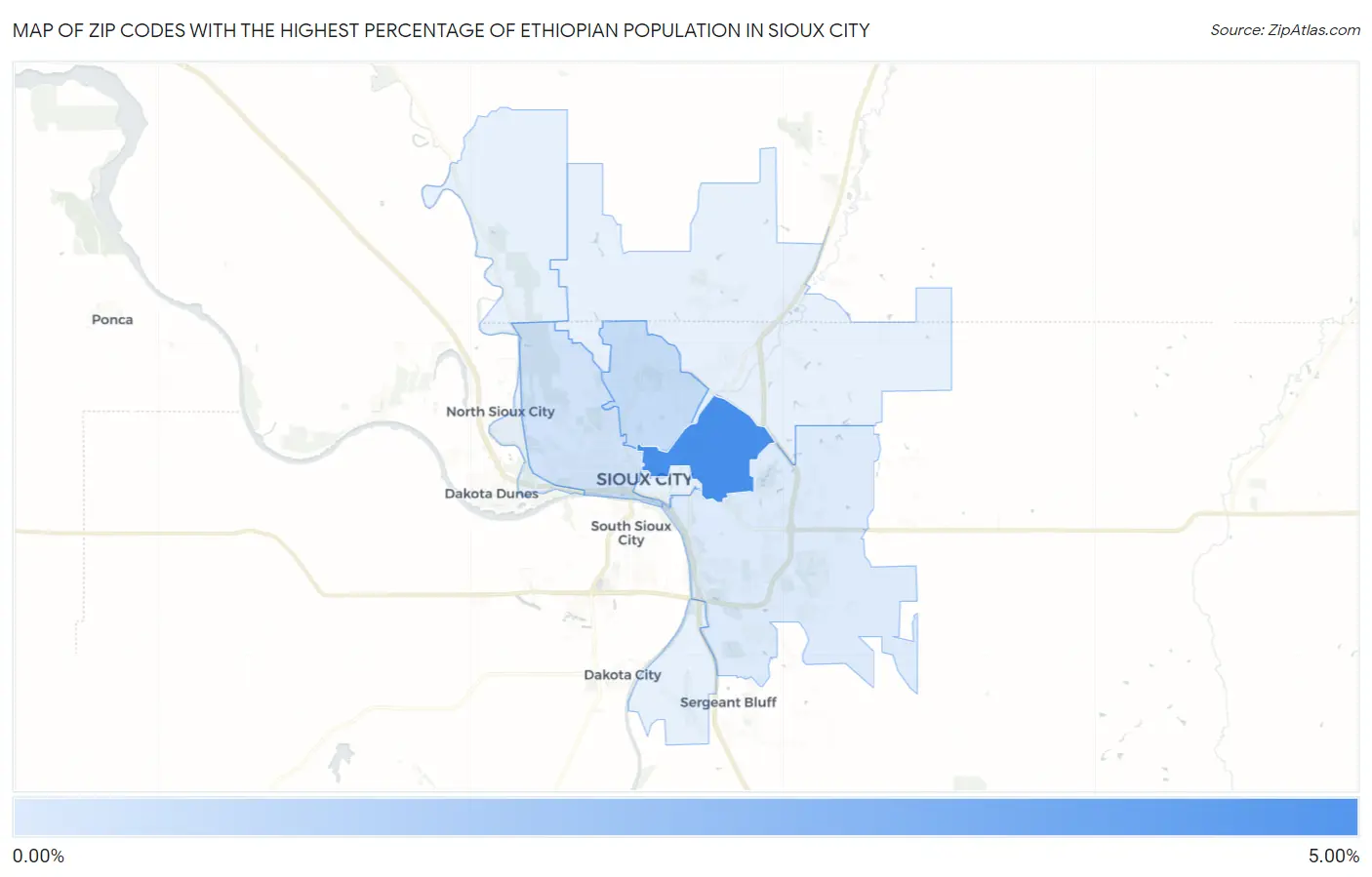 Zip Codes with the Highest Percentage of Ethiopian Population in Sioux City Map