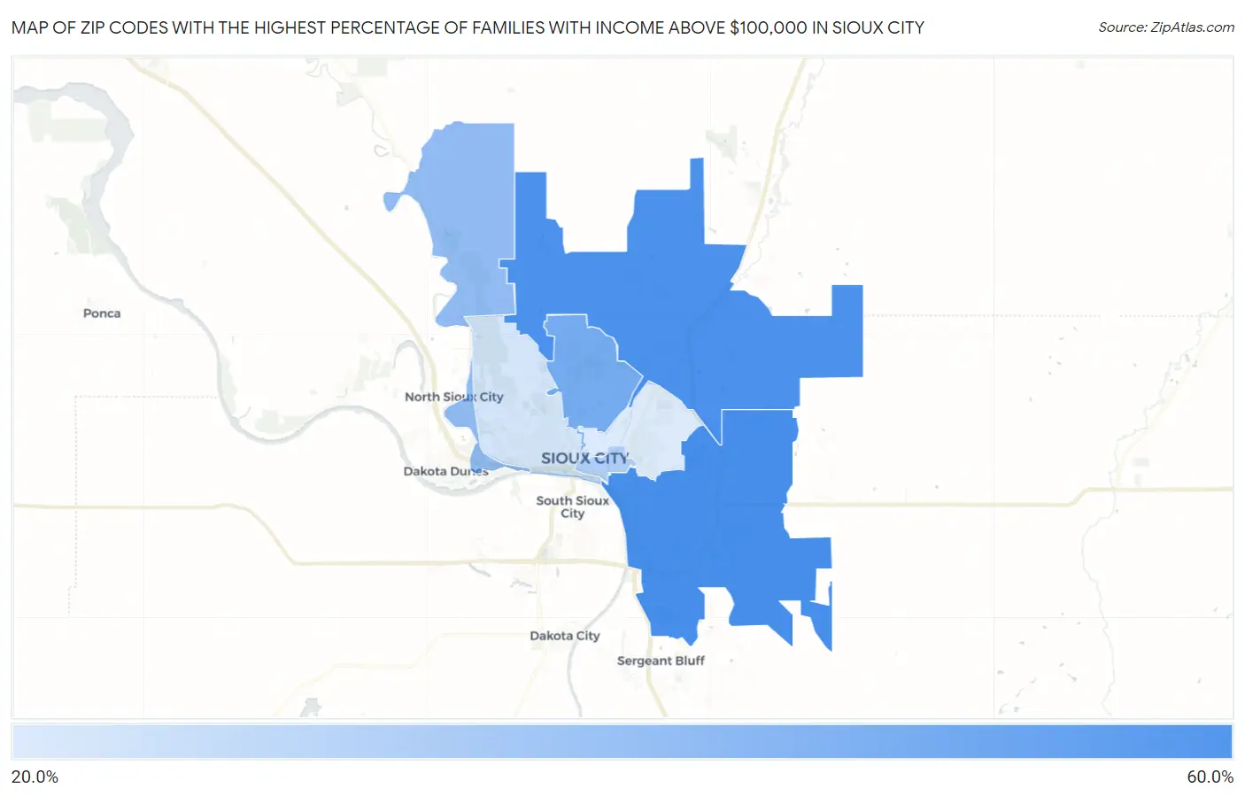 Zip Codes with the Highest Percentage of Families with Income Above $100,000 in Sioux City Map