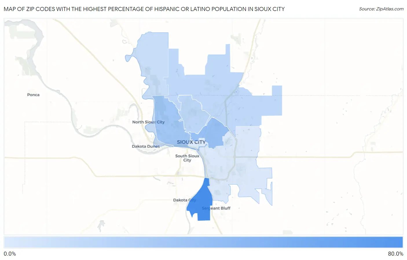 Zip Codes with the Highest Percentage of Hispanic or Latino Population in Sioux City Map
