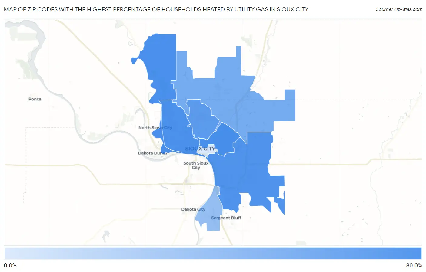 Zip Codes with the Highest Percentage of Households Heated by Utility Gas in Sioux City Map