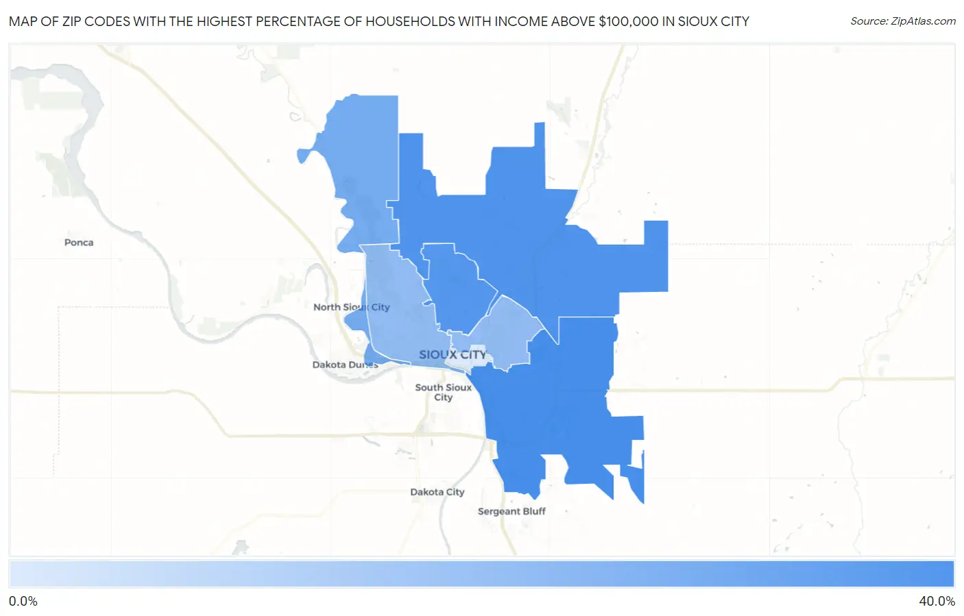 Zip Codes with the Highest Percentage of Households with Income Above $100,000 in Sioux City Map