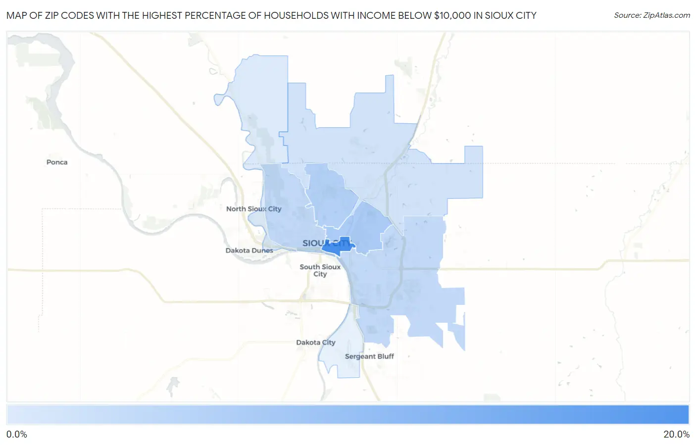 Zip Codes with the Highest Percentage of Households with Income Below $10,000 in Sioux City Map