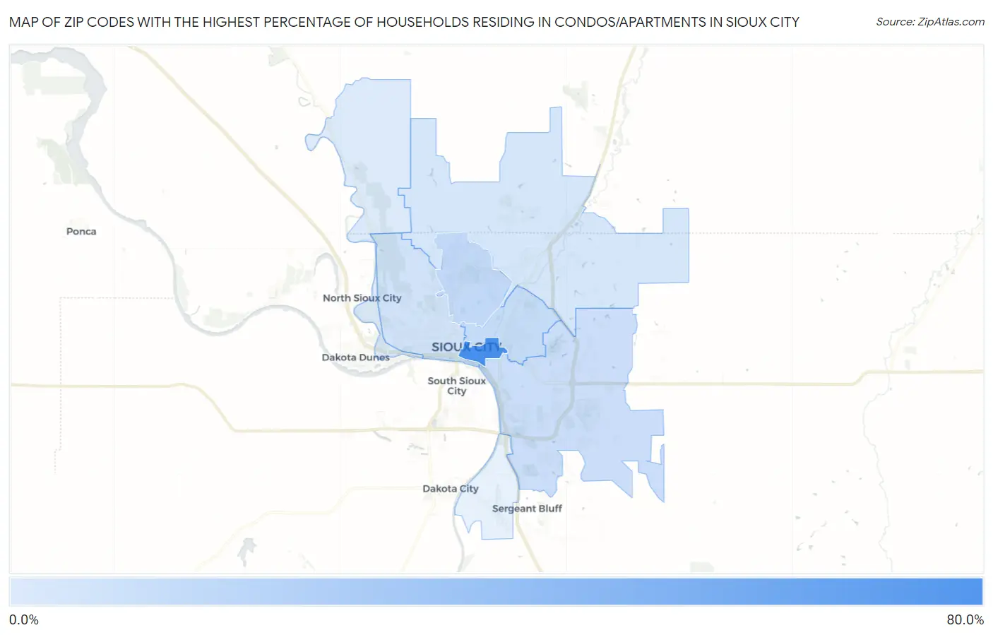 Zip Codes with the Highest Percentage of Households Residing in Condos/Apartments in Sioux City Map