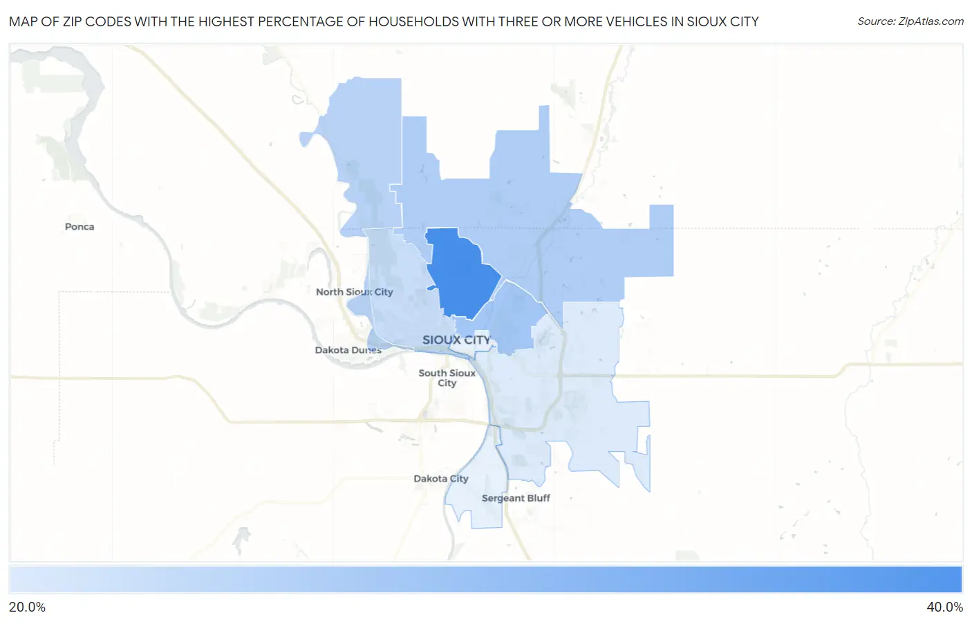 Zip Codes with the Highest Percentage of Households With Three or more Vehicles in Sioux City Map