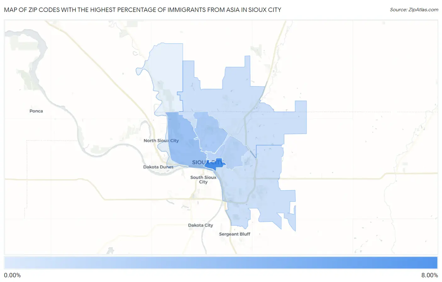 Zip Codes with the Highest Percentage of Immigrants from Asia in Sioux City Map