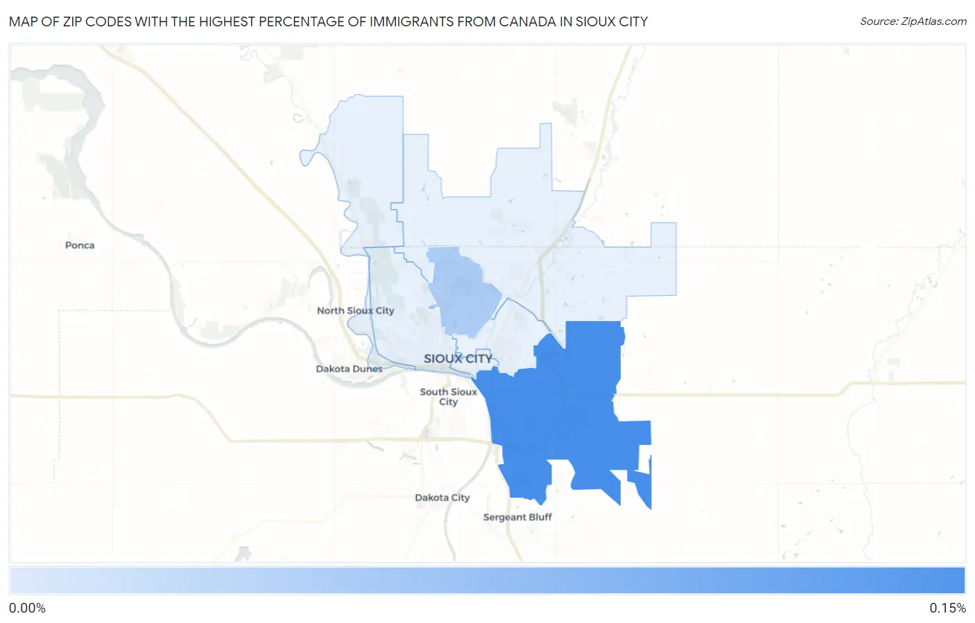 Zip Codes with the Highest Percentage of Immigrants from Canada in Sioux City Map