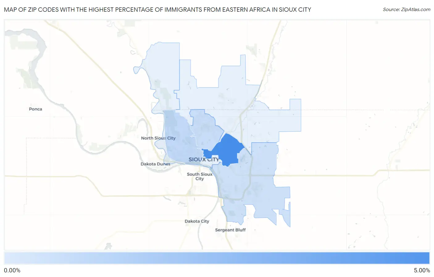Zip Codes with the Highest Percentage of Immigrants from Eastern Africa in Sioux City Map