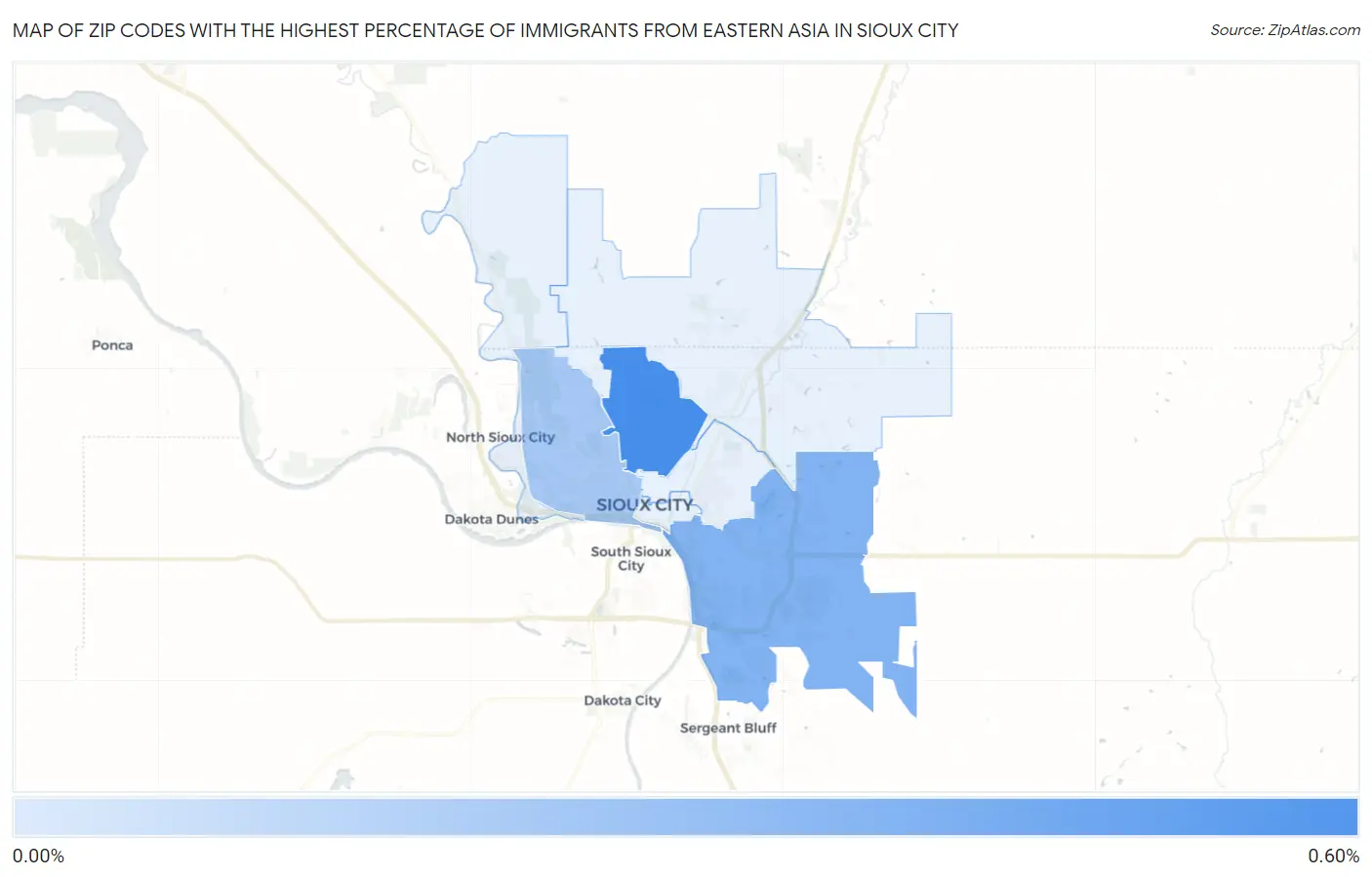 Zip Codes with the Highest Percentage of Immigrants from Eastern Asia in Sioux City Map