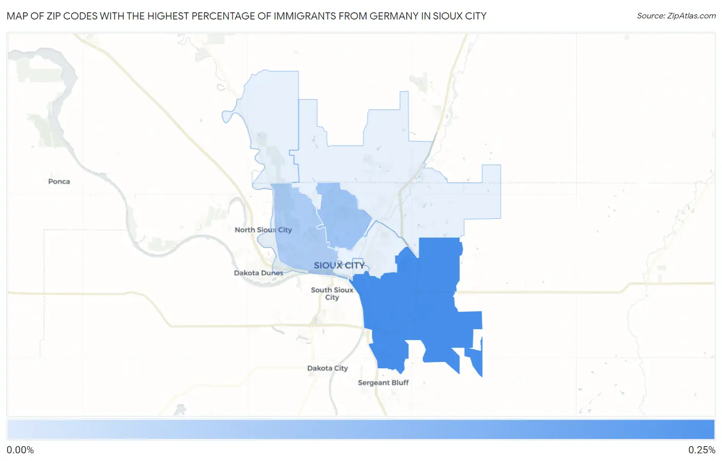 Zip Codes with the Highest Percentage of Immigrants from Germany in Sioux City Map