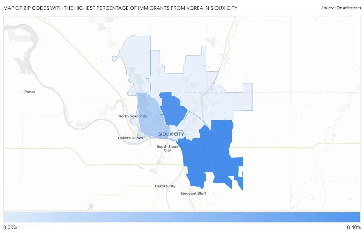 Zip Codes with the Highest Percentage of Immigrants from Korea in Sioux City Map