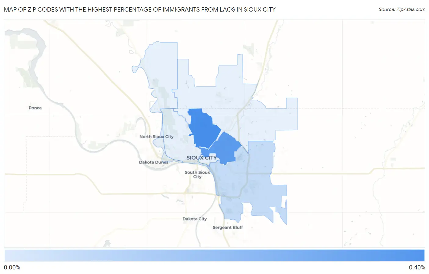 Zip Codes with the Highest Percentage of Immigrants from Laos in Sioux City Map