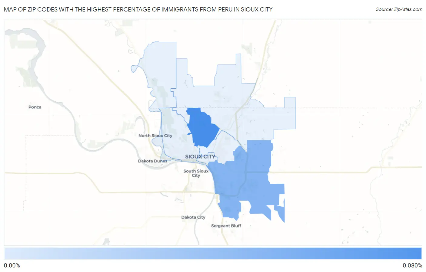 Zip Codes with the Highest Percentage of Immigrants from Peru in Sioux City Map