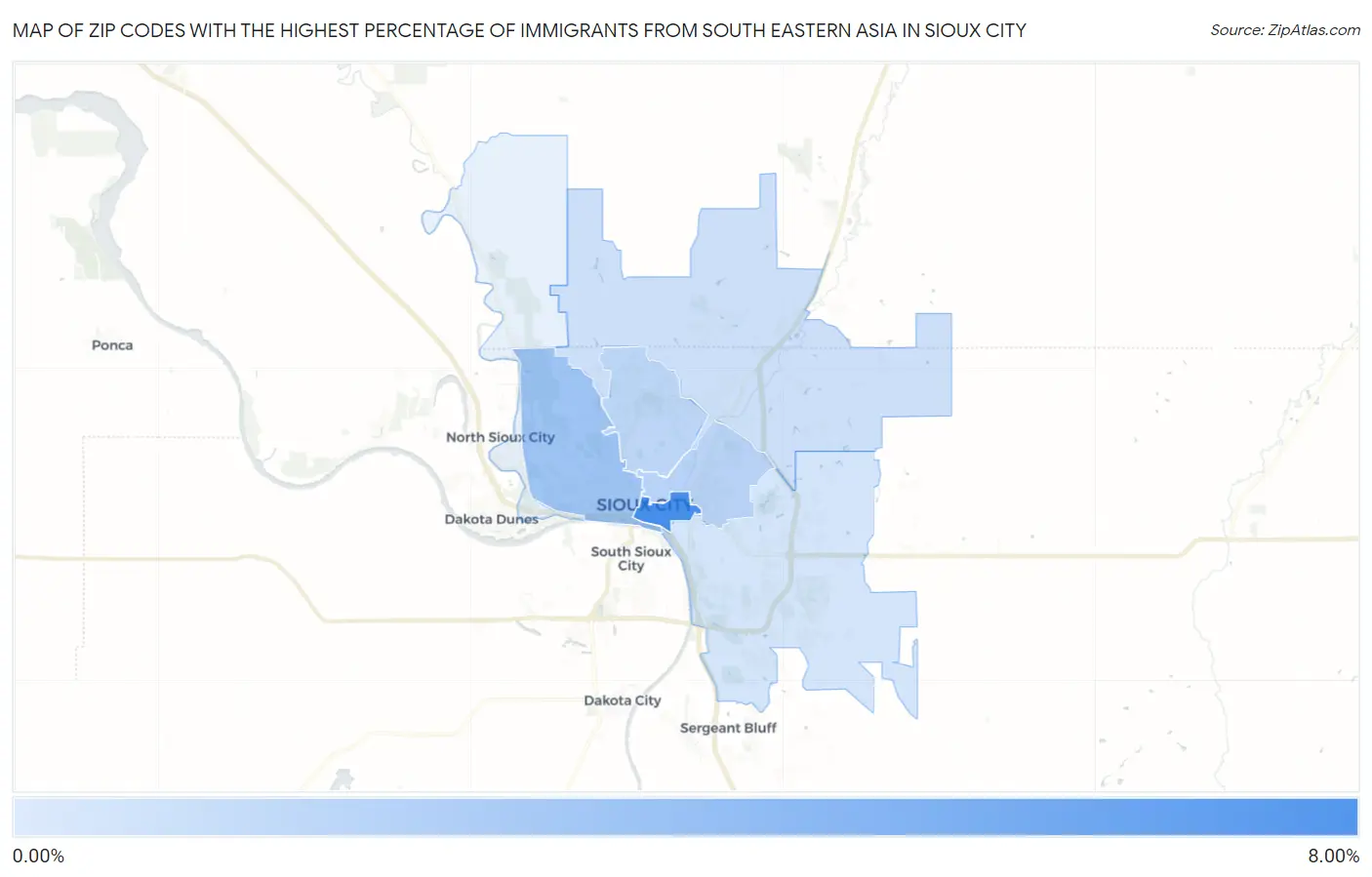 Zip Codes with the Highest Percentage of Immigrants from South Eastern Asia in Sioux City Map