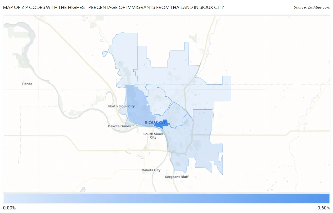 Zip Codes with the Highest Percentage of Immigrants from Thailand in Sioux City Map
