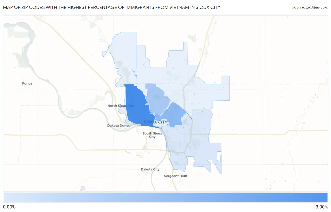 Zip Codes with the Highest Percentage of Immigrants from Vietnam in Sioux City Map