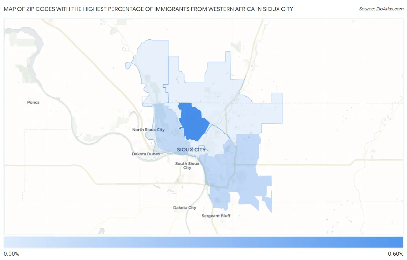 Zip Codes with the Highest Percentage of Immigrants from Western Africa in Sioux City Map
