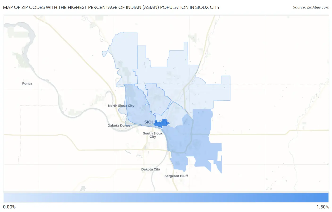 Zip Codes with the Highest Percentage of Indian (Asian) Population in Sioux City Map