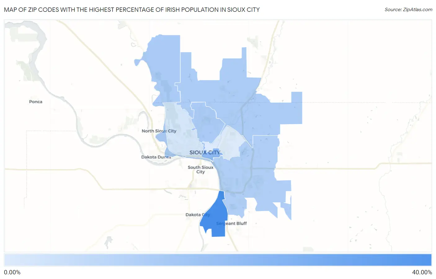 Zip Codes with the Highest Percentage of Irish Population in Sioux City Map