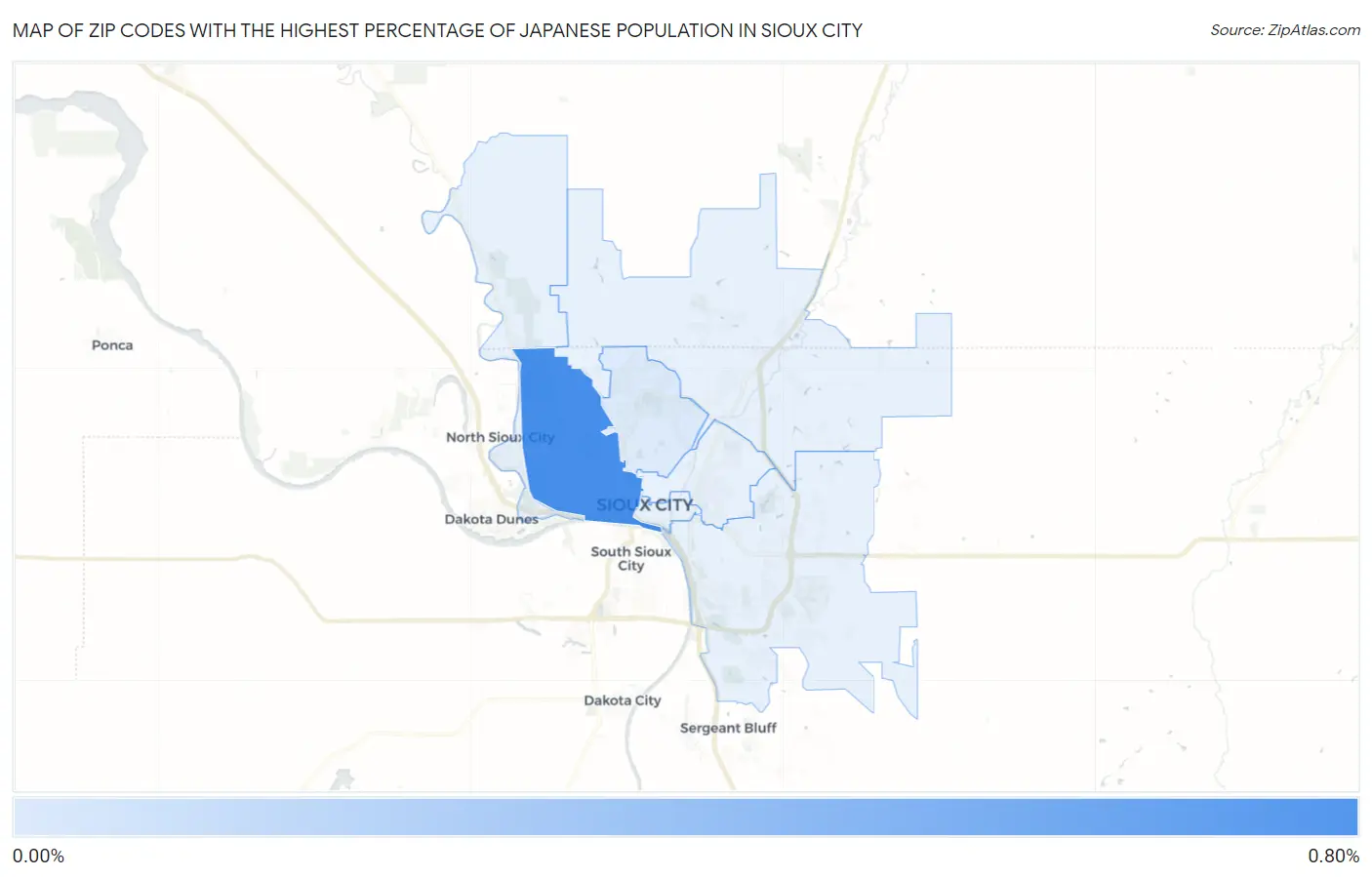 Zip Codes with the Highest Percentage of Japanese Population in Sioux City Map