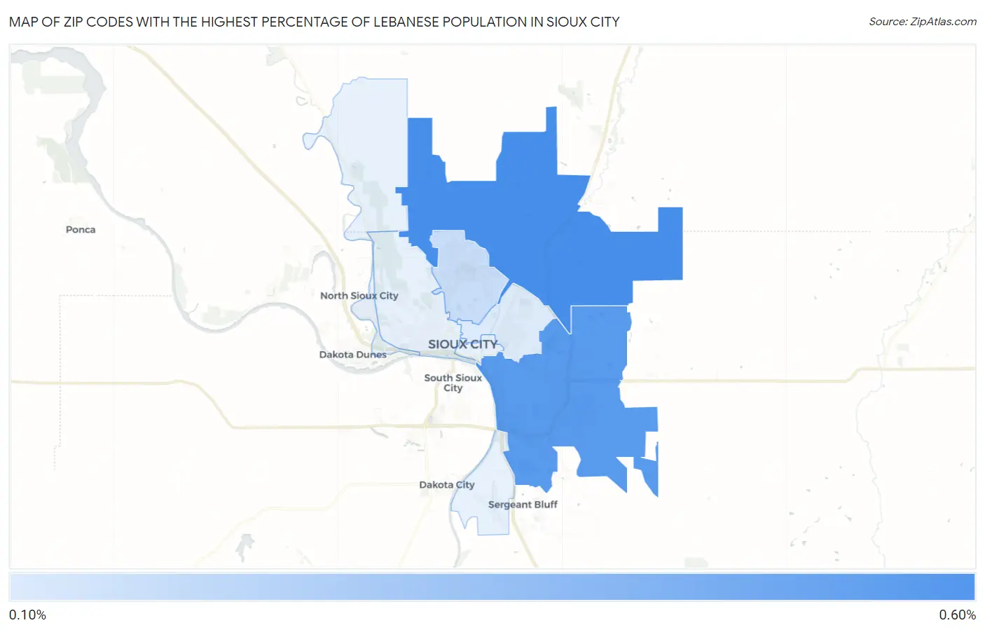 Zip Codes with the Highest Percentage of Lebanese Population in Sioux City Map