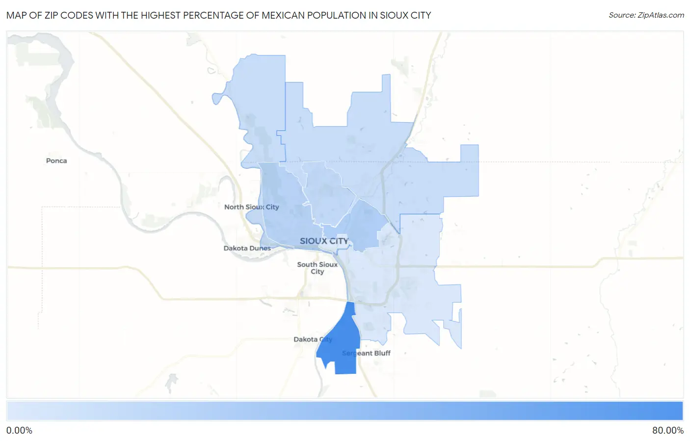 Zip Codes with the Highest Percentage of Mexican Population in Sioux City Map