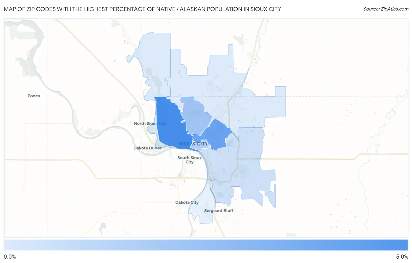Zip Codes with the Highest Percentage of Native / Alaskan Population in Sioux City Map