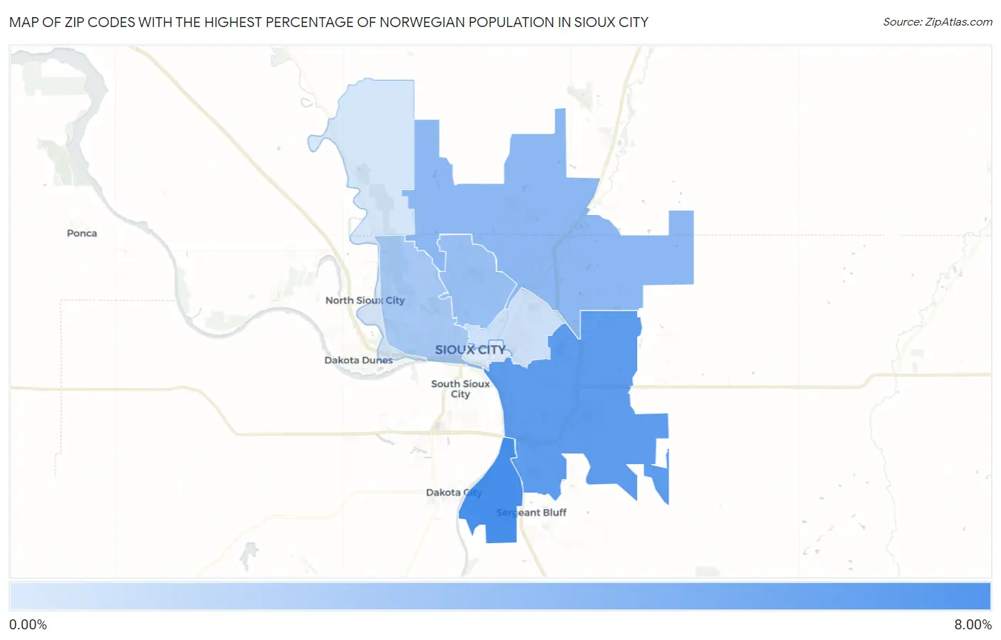 Zip Codes with the Highest Percentage of Norwegian Population in Sioux City Map