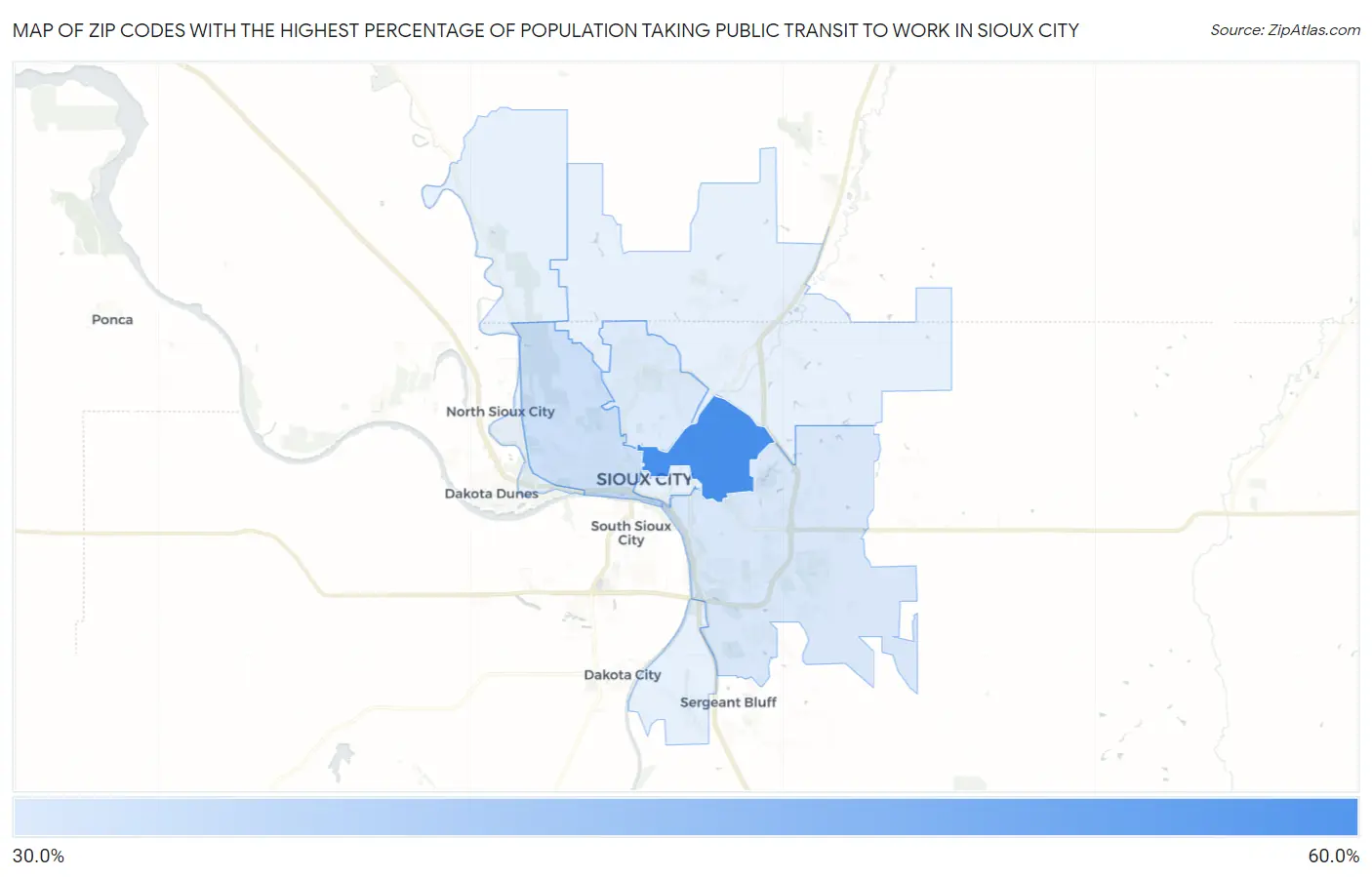 Zip Codes with the Highest Percentage of Population Taking Public Transit to Work in Sioux City Map