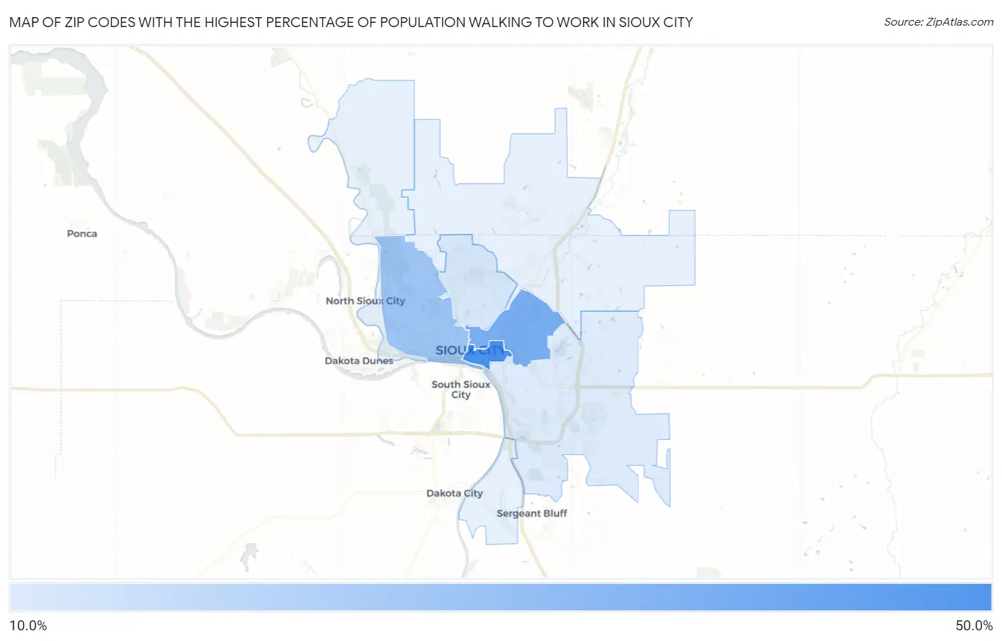 Zip Codes with the Highest Percentage of Population Walking to Work in Sioux City Map