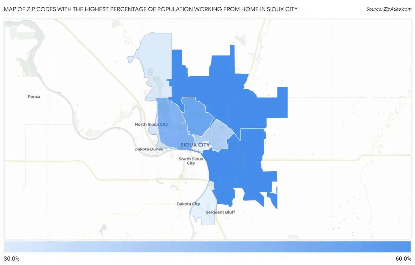 Zip Codes with the Highest Percentage of Population Working from Home in Sioux City Map