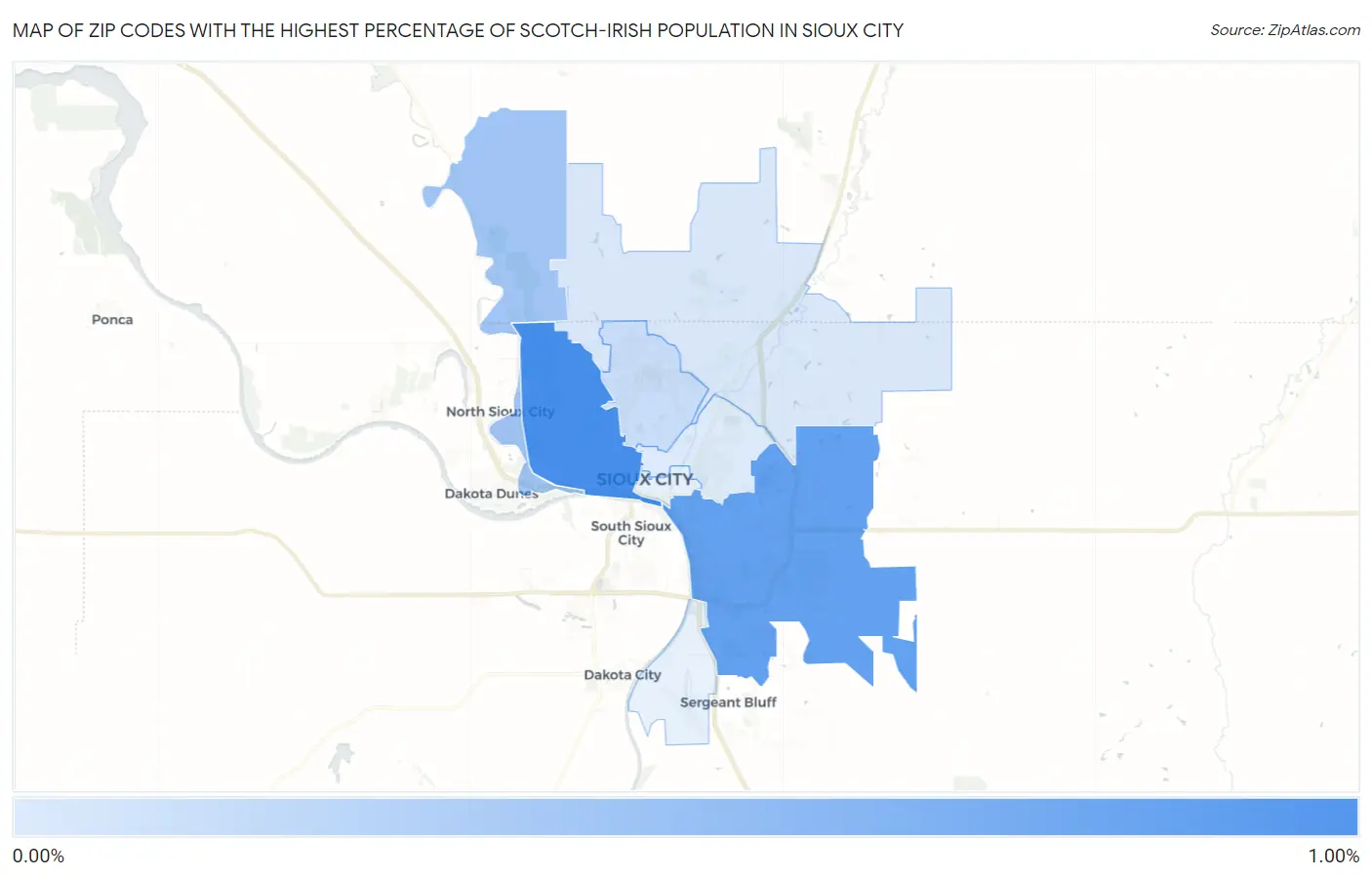 Zip Codes with the Highest Percentage of Scotch-Irish Population in Sioux City Map