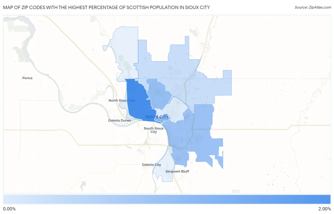 Zip Codes with the Highest Percentage of Scottish Population in Sioux City Map