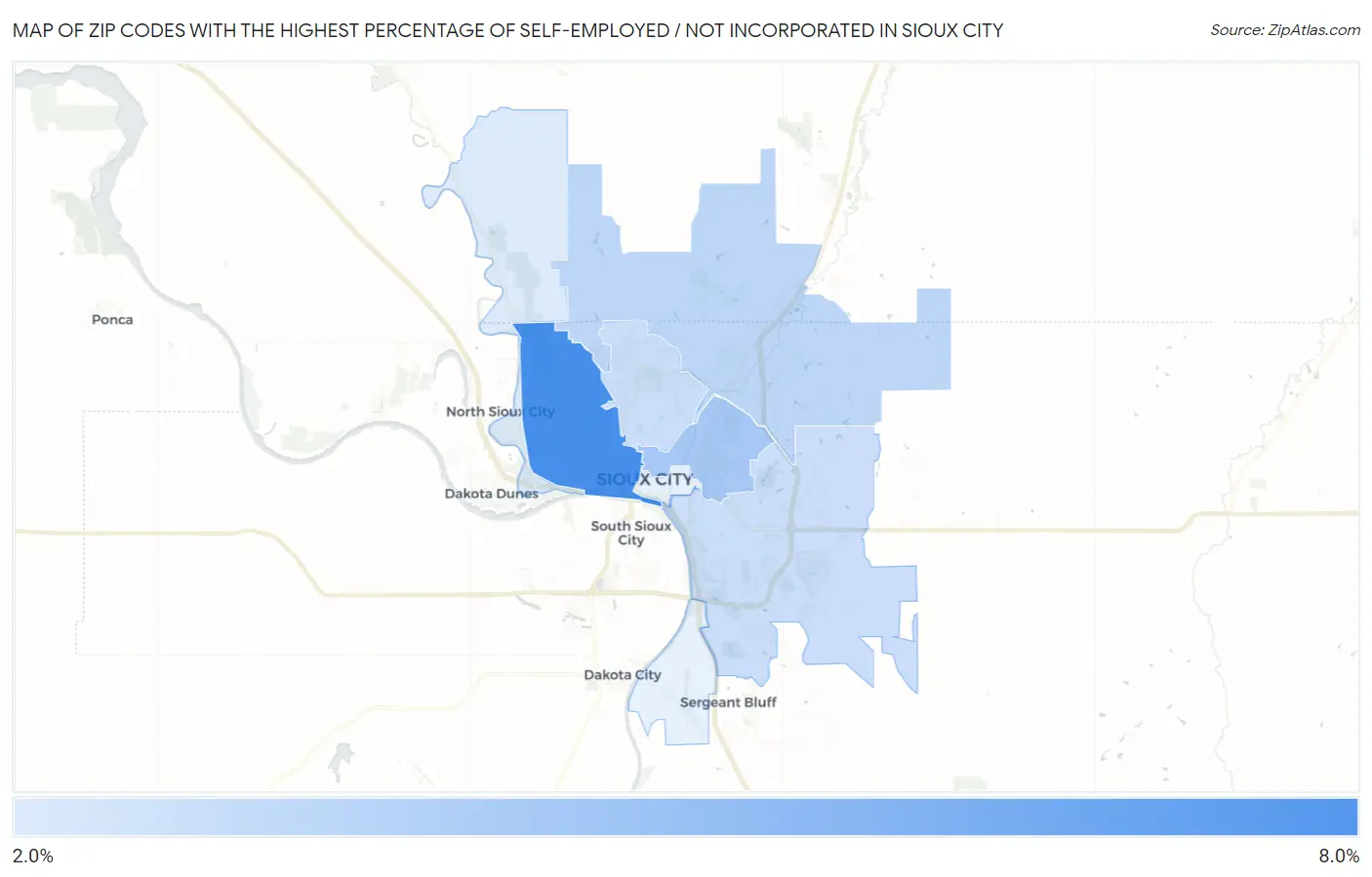 Zip Codes with the Highest Percentage of Self-Employed / Not Incorporated in Sioux City Map