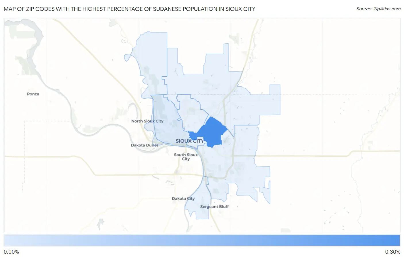 Zip Codes with the Highest Percentage of Sudanese Population in Sioux City Map