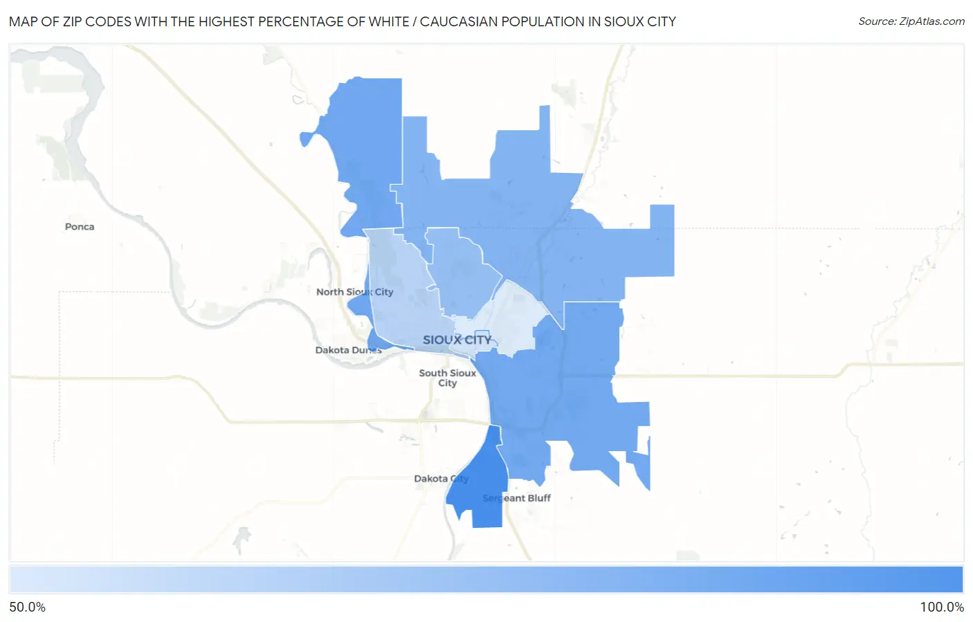 Zip Codes with the Highest Percentage of White / Caucasian Population in Sioux City Map