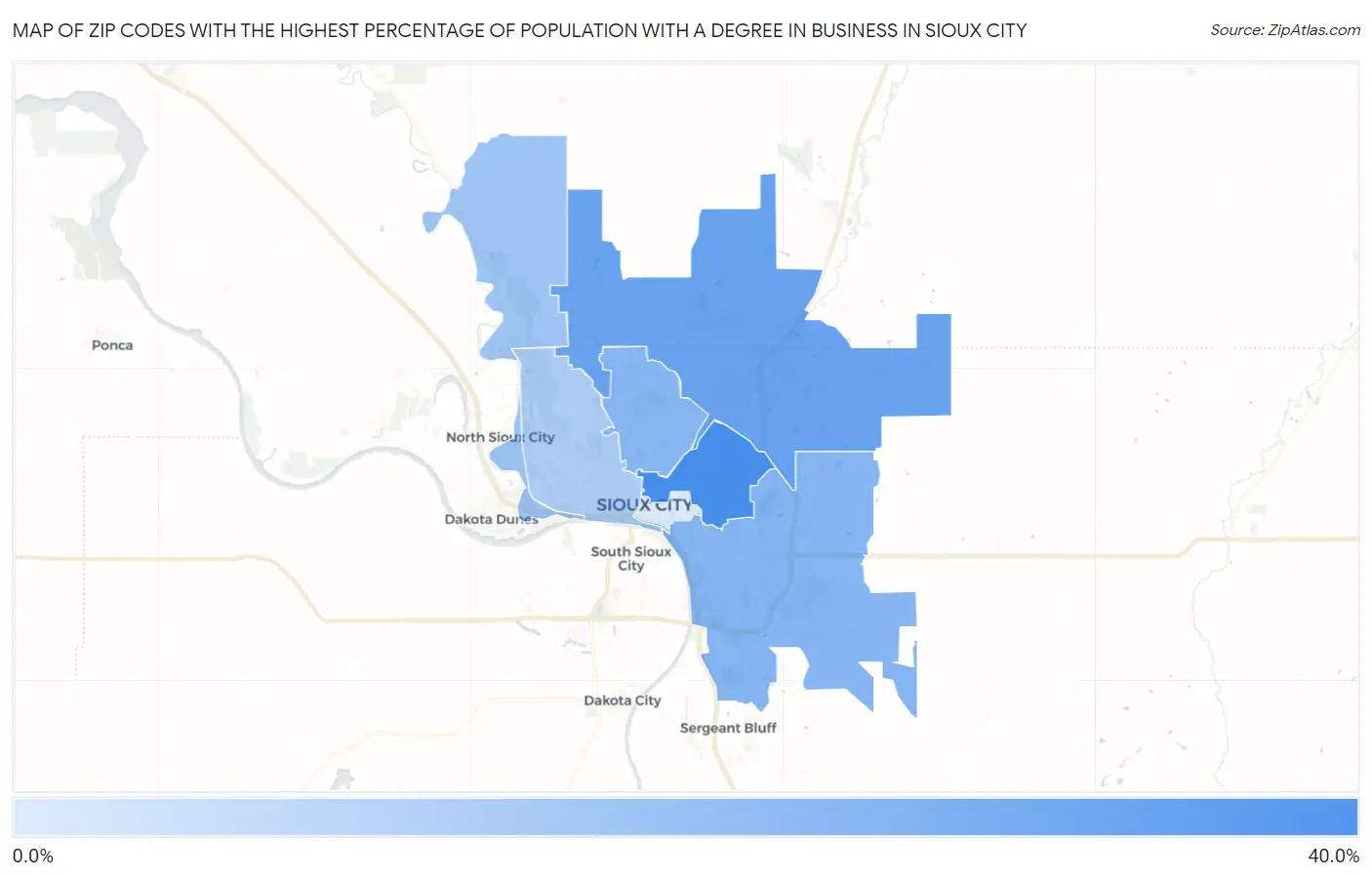 Zip Codes with the Highest Percentage of Population with a Degree in Business in Sioux City Map