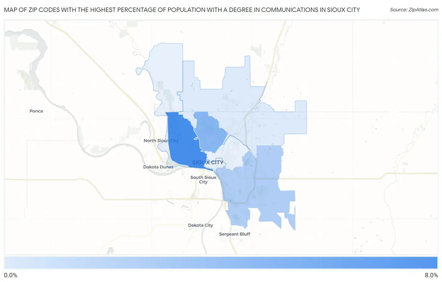 Zip Codes with the Highest Percentage of Population with a Degree in Communications in Sioux City Map