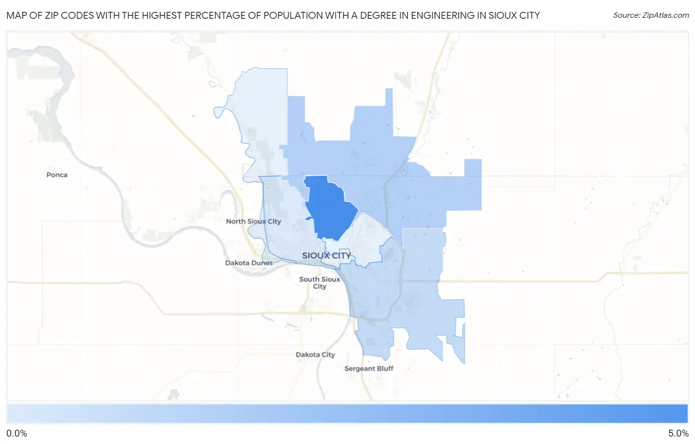 Zip Codes with the Highest Percentage of Population with a Degree in Engineering in Sioux City Map