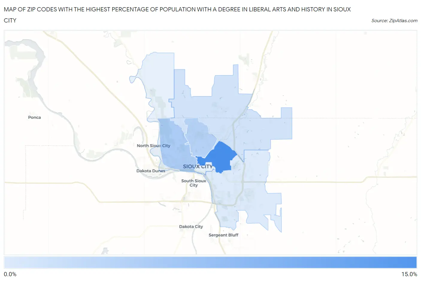 Zip Codes with the Highest Percentage of Population with a Degree in Liberal Arts and History in Sioux City Map